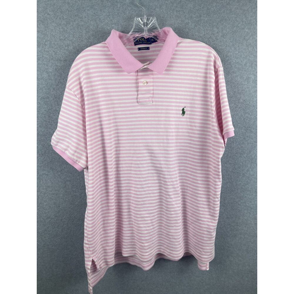 Ralph Lauren Polo Shirt Men's XL Pink Striped Short Sleeve Classic Fit DEFECT‎